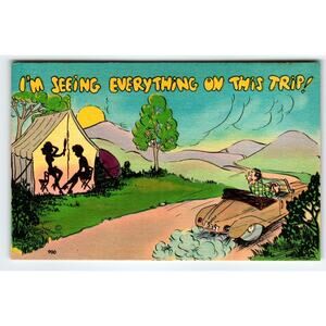 I'm Seeing Everything on This Trip! Linen Postcard Vintage Unused Camping Tent